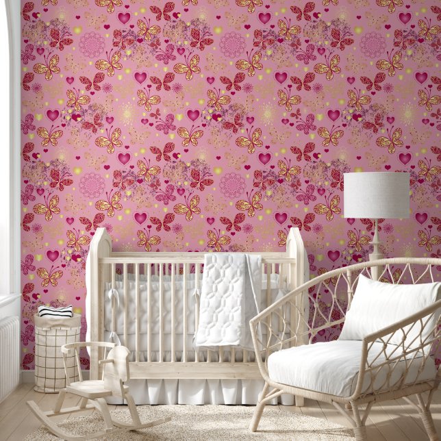 Pink and gold hearts and butterflies on pale pink wallpaper (Kids)