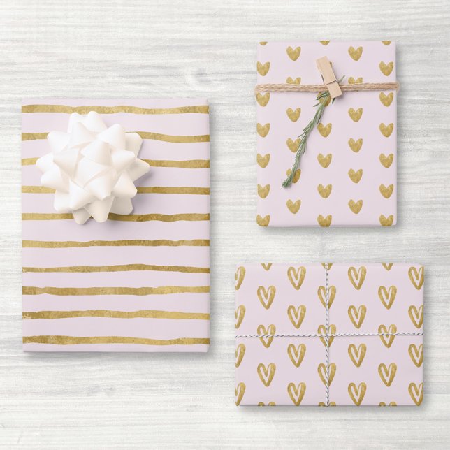 Pink and Gold Hearts and Lines Wrapping Paper Sheet (Creator Uploaded)
