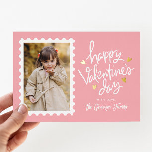 Pink and Gold Hearts Stamp Photo Valentine's Day Foil Holiday Card