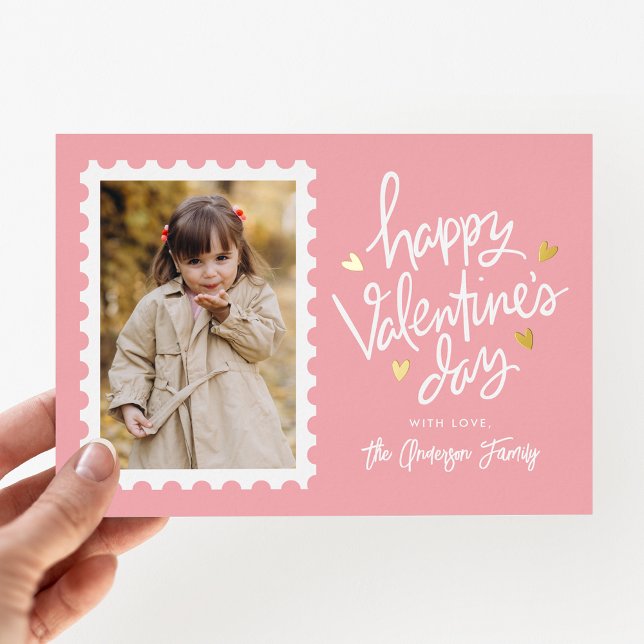 Pink and Gold Hearts Stamp Photo Valentine's Day Foil Holiday Card (Creator Uploaded)