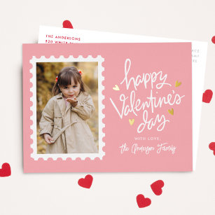 Pink and Gold Hearts Stamp Photo Valentine's Day Foil Holiday Postcard