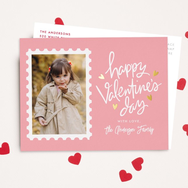 Pink and Gold Hearts Stamp Photo Valentine's Day Foil Holiday Postcard (Creator Uploaded)