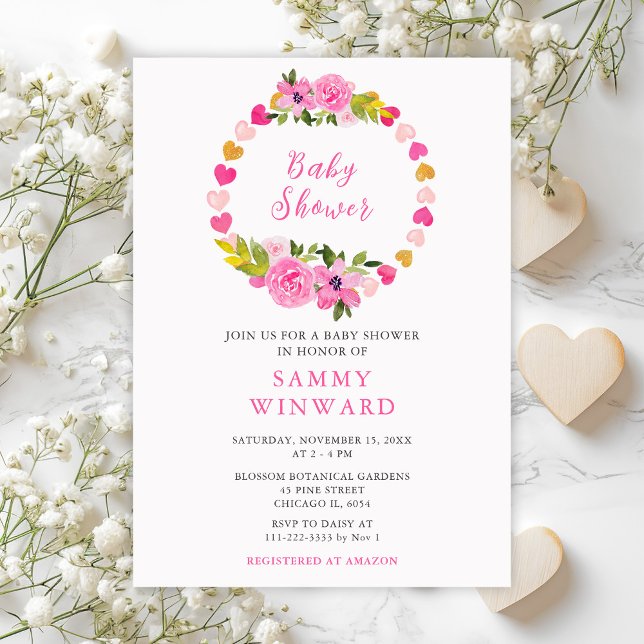 Pink and Gold Hearts Valentine Baby Shower Invitation (Creator Uploaded)