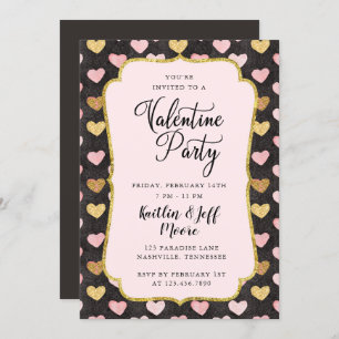 Pink and Gold Hearts Valentine Party Invitation