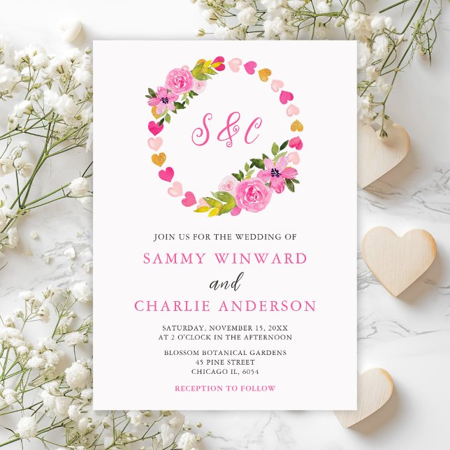Pink and Gold Hearts Valentine Wedding Invitation (Creator Uploaded)