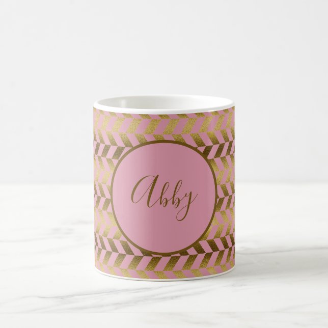 Pink and Gold Herringbone Personalised Coffee Mug (Center)