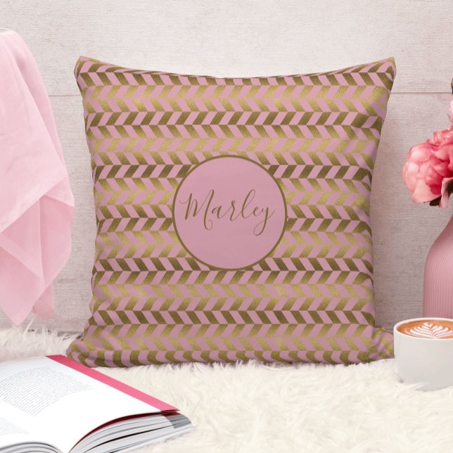 Pink and Gold Herringbone Personalised Cushion (Creator Uploaded)