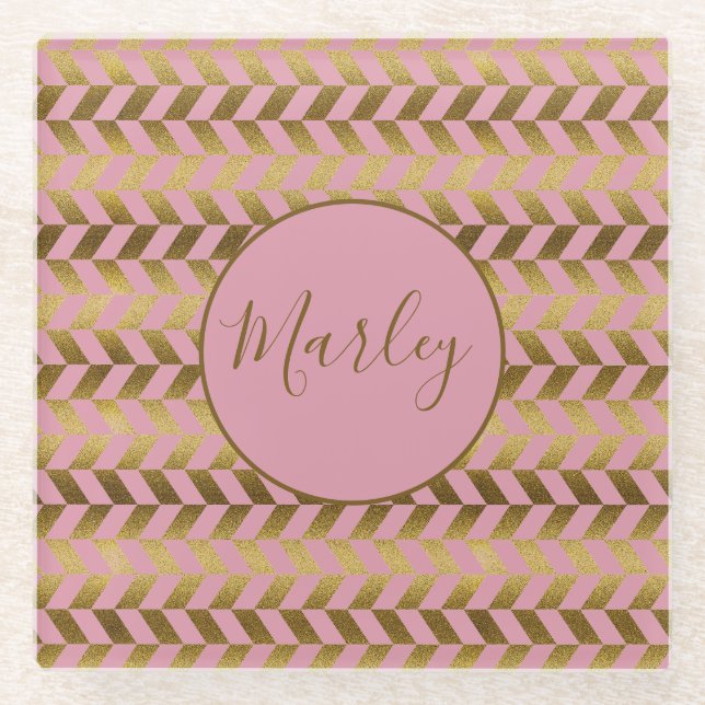 Pink and Gold Herringbone Personalised Glass Coaster (Front)