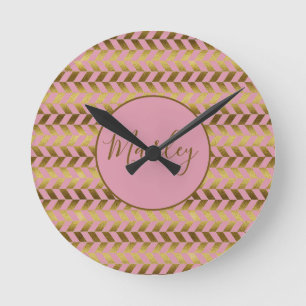 Pink and Gold Herringbone Personalised Round Clock