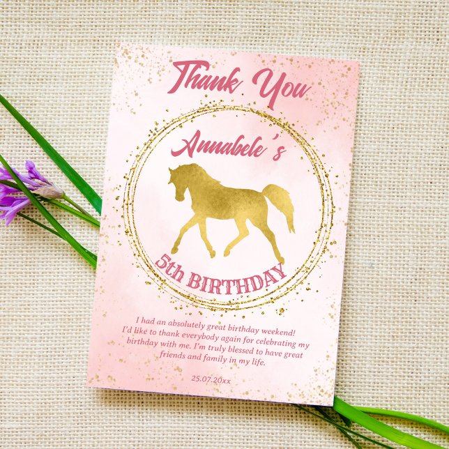 Pink and gold horse equestrian birthday custom thank you card (Creator Uploaded)