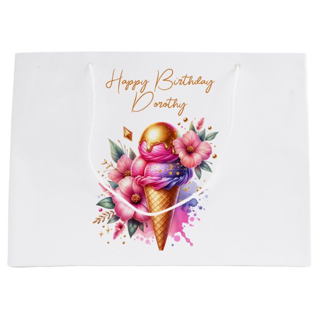 Pink and Gold Ice Cream Golden Birthday Large Gift Bag (Front)
