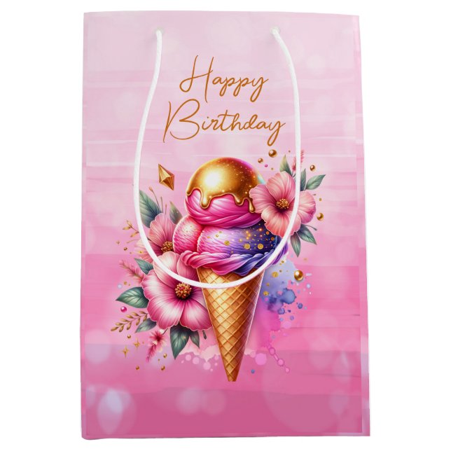 Pink and Gold Ice Cream Golden Birthday Medium Gift Bag (Front)