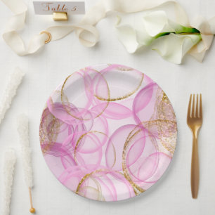 Pink and Gold Ink Circle Pattern  Paper Plate