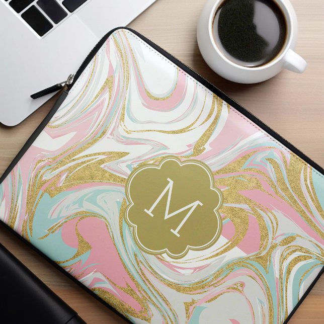 Pink and Gold Ink Marble Monogram Laptop Sleeve (Creator Uploaded)