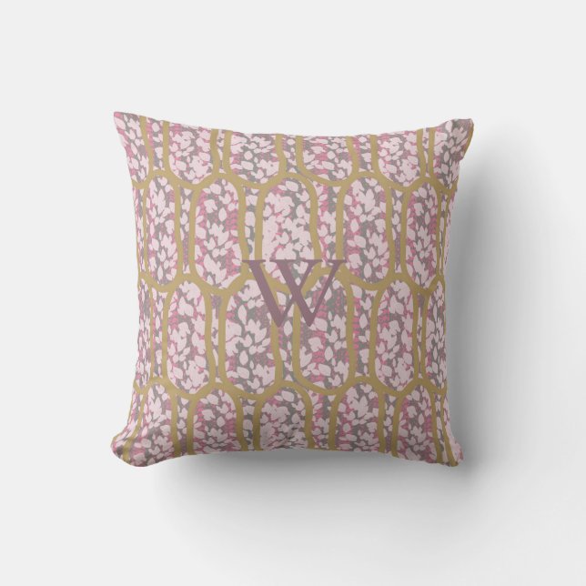 Pink and Gold Lace Motif Monogrammed Throw Pillow (Front)