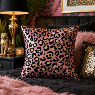 Pink and Gold Leopard Print Animal Pattern Cushion