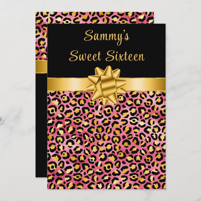 Pink and Gold Leopard Print Sweet Sixteen Invitation (Front/Back)