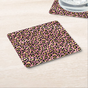 Pink and Gold Leopard Series Design 15 Square Paper Coaster