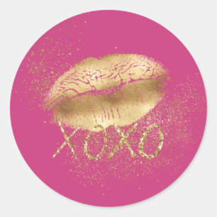 Pink and Gold Lips Kiss Gold Glitter XOXO Classic Round Sticker