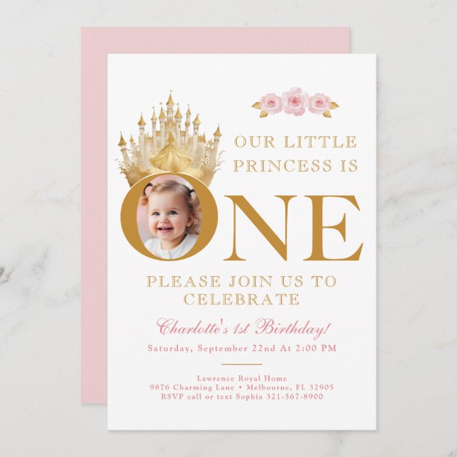 Pink and Gold Little Princess 1st Birthday Photo  Invitation (Front/Back)