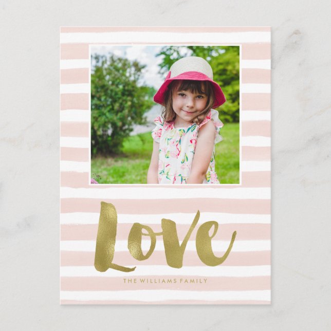 Pink and Gold "Love" Valentines Day Photo Holiday Postcard (Front)