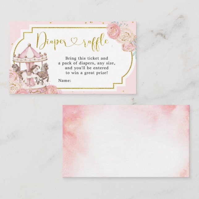 Pink and Gold Magical Carousel Diaper Raffle Enclosure Card (Front/Back)