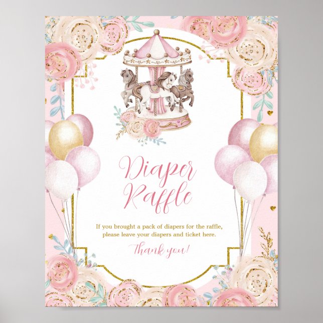Pink and Gold Magical Carousel Diaper Raffle Sign (Front)