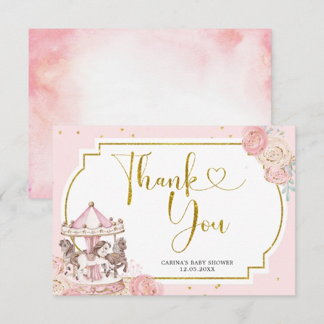 Pink and Gold Magical Carousel Thank You Card (Front/Back)