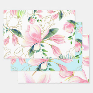 Pink and Gold Magnolia Floral Watercolor Wrapping Paper Sheet