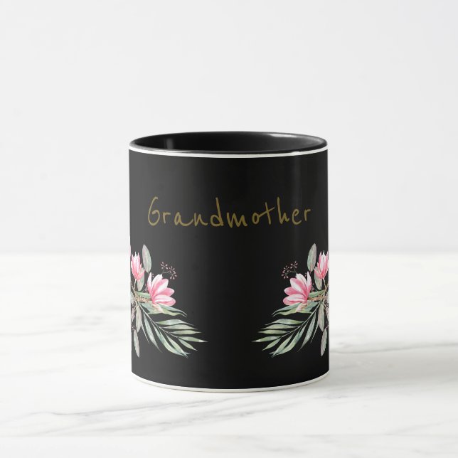 Pink and Gold Magnolia on Black Grandmother Mug (Center)