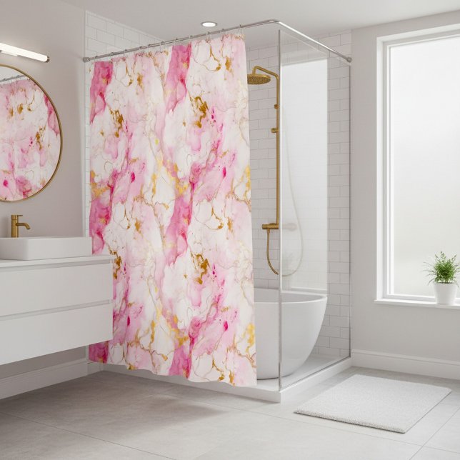 Pink and gold marble effect shower curtain (Pink and gold marble effect shower curtain.)