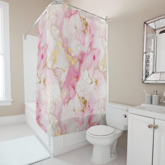 Pink and gold marble effect shower curtain (In Situ)