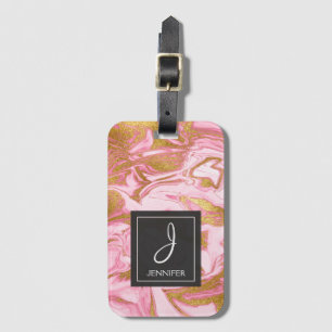 Pink and Gold Marble Monogram Luggage Bag Tag