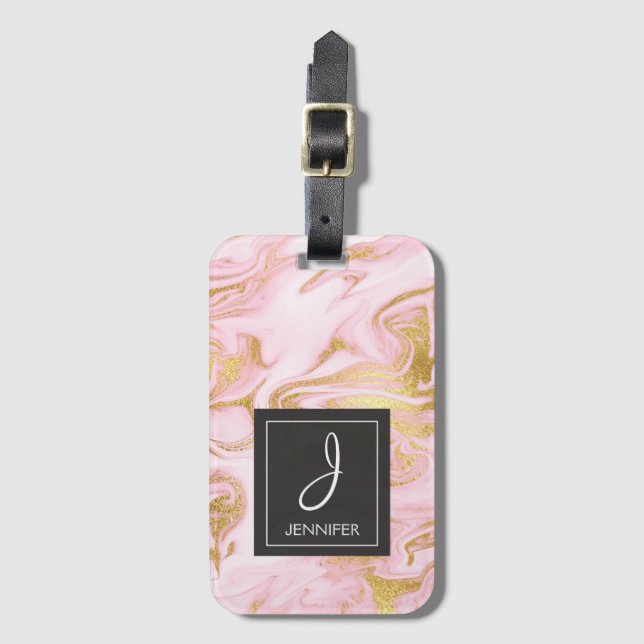 Pink and Gold Marble Monogram Luggage Bag Tag (Front Vertical)