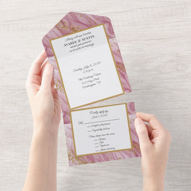 Pink and Gold Marble Swirl Pattern  All In One Invitation (Tearaway)
