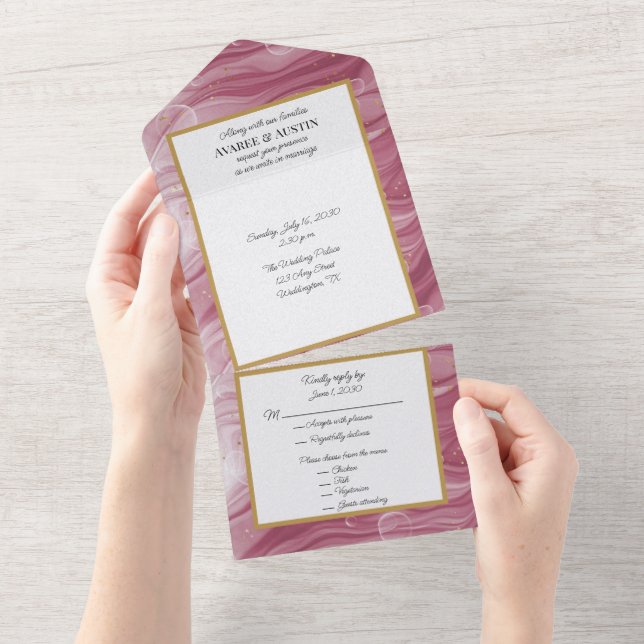 Pink and Gold Marble Swirl Pattern  All In One Invitation (Tearaway)