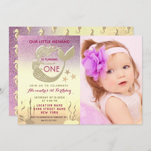 Pink and Gold Mermaid 1st Birthday Invitation (Front/Back)