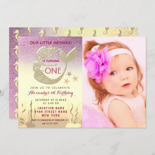 Pink and Gold Mermaid 1st Birthday Invitation