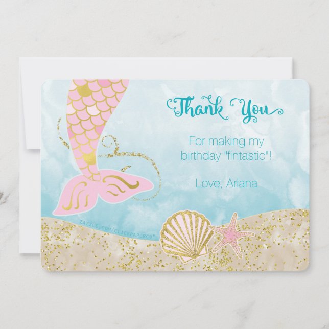 Pink and Gold Mermaid Thank You Card (Front)