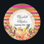 Pink and Gold Metallic Stripes w/ Florals Wedding Magnet<br><div class="desc">A fancy magnet for your wedding with an elegant pattern composed of pink,  orange and faux gold metallic horizontal stripes. Layered over top is a frame with a gold decorative border with a white centre. Pink and orange watercolor flowers decorate the bottom.</div>