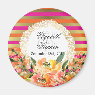 Pink and Gold Metallic Stripes w/ Florals Wedding Magnet