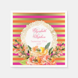 Pink and Gold Metallic Stripes w/ Florals Wedding Napkin