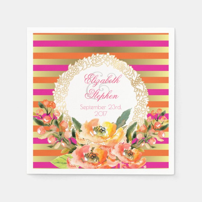 Pink and Gold Metallic Stripes w/ Florals Wedding Napkin (Front)