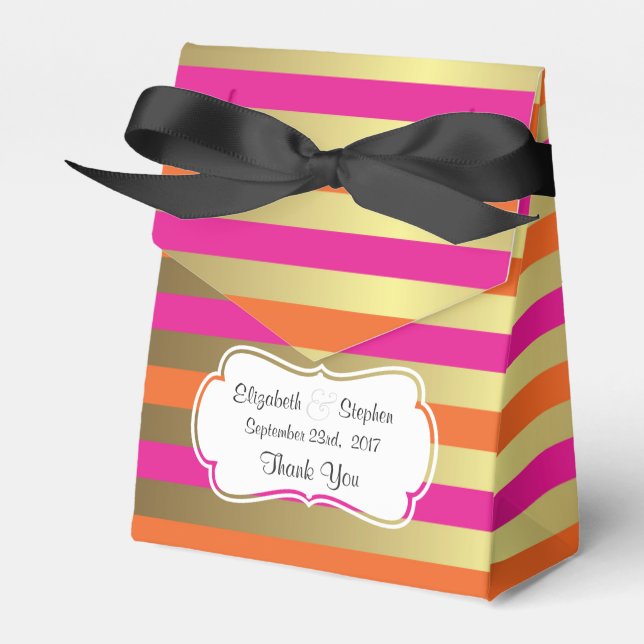 Pink and Gold Metallic Stripes Wedding Thanks Favour Box (Front Side)
