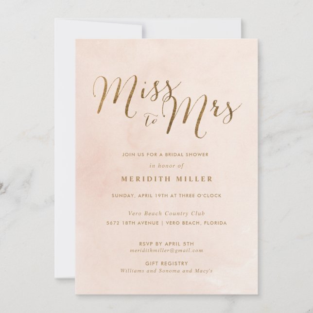 Pink and Gold Miss to Mrs Bridal Shower Party Invitation (Front)