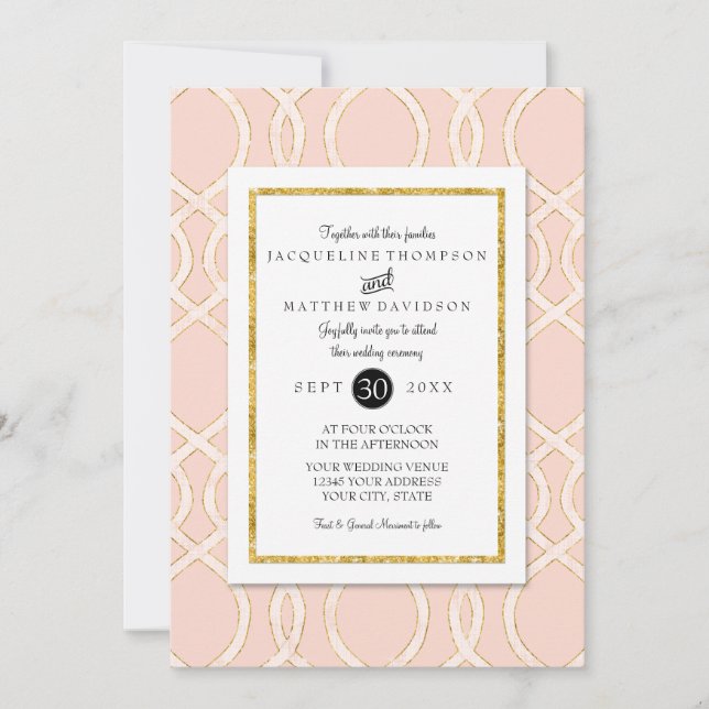 Pink and Gold Modern Trellis Pattern Typography Invitation (Front)