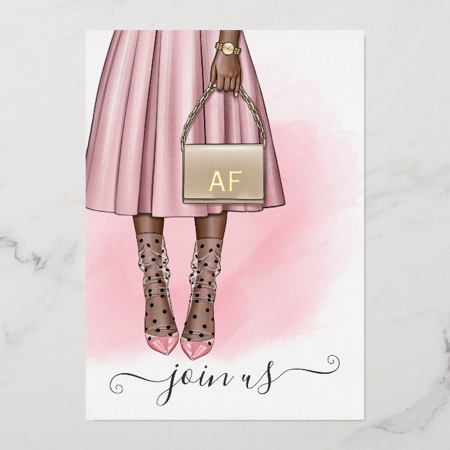 Pink and Gold Monogram Chic Quinceañera Foil Invit (Front)