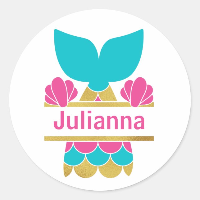 Pink and Gold Monogram or Name Mermaid Classic Round Sticker (Front)
