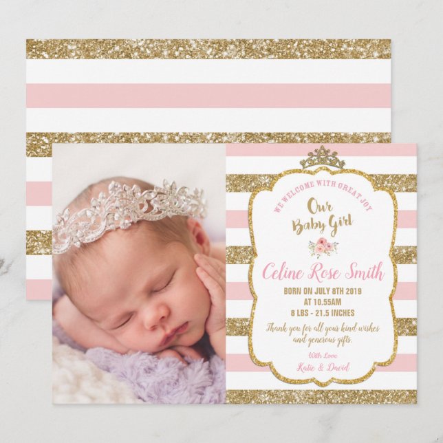 Pink and Gold New Baby Girl Birth Announcement (Front/Back)