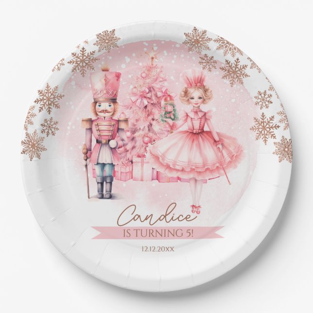 Pink And Gold Nutcracker Birthday Sugar Plum Fairy Paper Plate (Front)